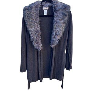 Randolph Duke Faux Fur Removable Trim Open Front Tie Waist Knit Cardigan Sweater